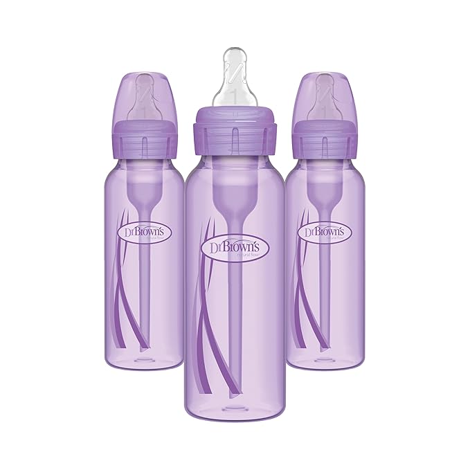 Dr. Brown’s Natural Flow® Anti-Colic Options+™ Narrow Baby Bottles 8 oz/250 mL, with Level 1 Slow Flow Nipple, 3 Pack, Purple, 0m+