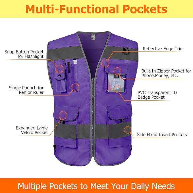TCCFCCT Safety Vest for Men Women 9 Pockets High Visibility Reflective Safety Vest, Hi Vis Construction Vest with Reinforced Sewing, Durable to Use, Meets ANSI/ISEA Standards, (Purple, X-Large)