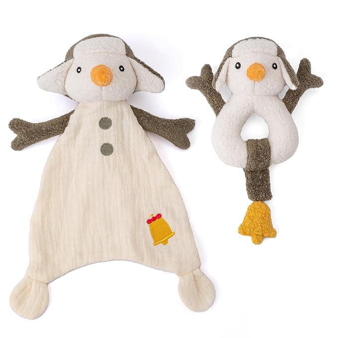 Organic Cotton Stuffed Animal Rattle Baby Toys, Plush Snowman Cuddle Cloth and Hand Grip Ring Rattles Plush Toy Set for Newborns Infant Boys Girls, 2 PCS