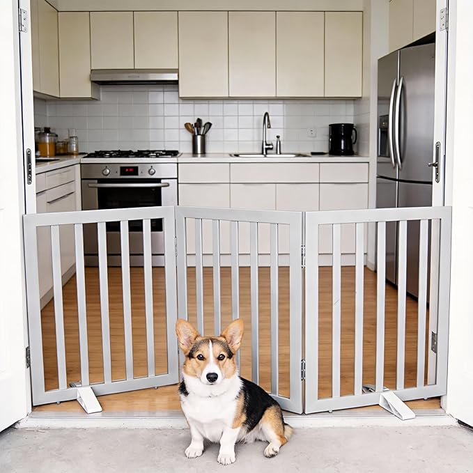 Dog Gate Indoor, Freestanding Dog Fence for The House, Doorways, Hallways,or Stairs,Pet Gate Foldable Wooden,Expandable 24" Height 3 Panels,Grey