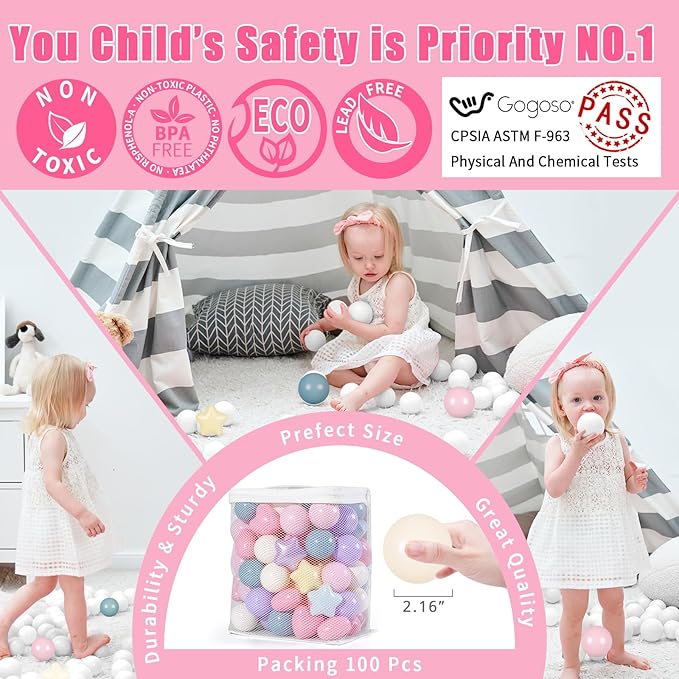 GOGOSO Ball Pits Balls for Toddlers Pack of 50 100 200 Plastics Shape Ball Non-Phthalate Non-BPA Non-Toxic 2.2-Inch Crush Proof Play Balls