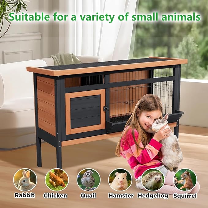 Rabbit Hutch Outdoor, Rabbit Hideout, Bunny Hideout,Bunny House for Guinea Pigs & Hamster, Wooden Chicken House with Deep Pull-Out Tray, Waterproof Chicken Coop for Outside (Orange Black)