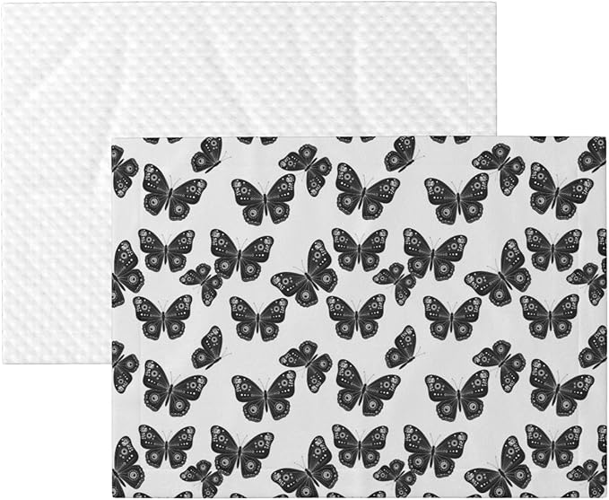 Two Sided Plush Pet Blanket for Crates Carriers Home Use, Butterflies Black and White, Reversible Throw with Cozy Dot Fabric and Silky Reverse for Small Large Pets