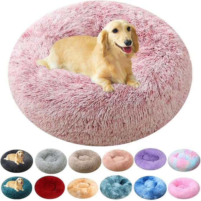 Calming Large Dog Bed Cat Bed, 40 Inch Donut Fluffy Anti-Anxiety Round Bed Washable Cute Bed, Cuddler Warming Cozy Soft Bed, Plush Cushion Bed for Small Medium Dogs and Cats (Rose White)
