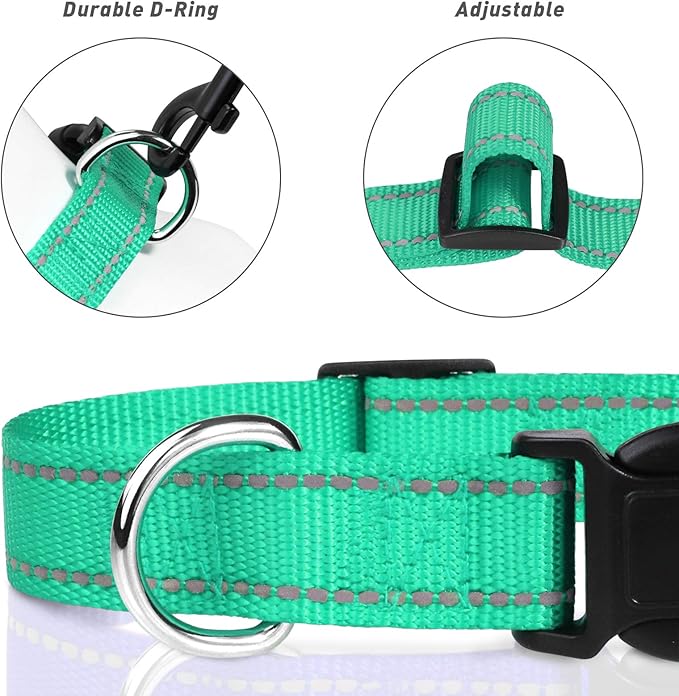 TagME Reflective Nylon Dog Collars, Adjustable Classic Pet Collar with Quick Release Buckle for Large Dogs, Turquoise, 1.0" Width