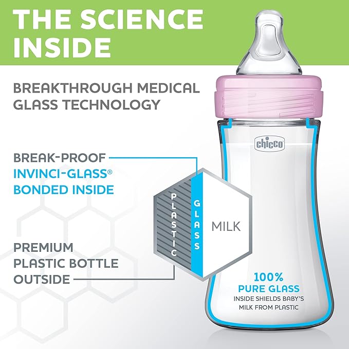 Chicco Duo Newborn Hybrid Baby Bottle Starter Gift Set with Invinci-Glass Inside and Plastic Outside | Dishwasher, Bottle Warmer, and Electric Sterilizer Safe | Intui-Latch Nipple | Clear/Pink