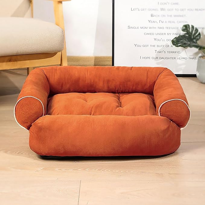Suede Sofa Dog Bed, Multiple Sizes Orthopedic Memory Foam Mattress, Durable and Calming, Washable Dog Bed with Anti-Slip Bottom XL Orange