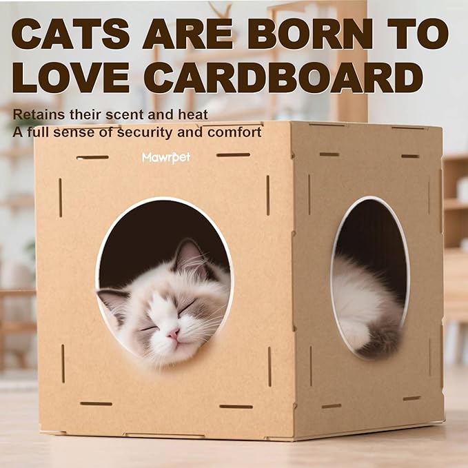 DIY Cat Scratcher Cardboard House, Clawsable Cat Play House, a Versatile Box, Indoor Kitty Scratcher Hideout for One or More Cats Brown, Cat Tower Castle Tunnel 10 Parts