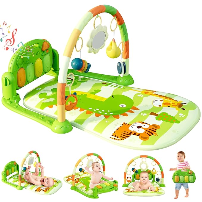 dearlomum Baby Play Mat Gym, Funny Play Piano Tummy Time Activity Mat with 5 Infant Sensory Toys, Music and Lights, Boy & Girl Gifts for Newborns 0 to 3 6 9 12 Months (Green)