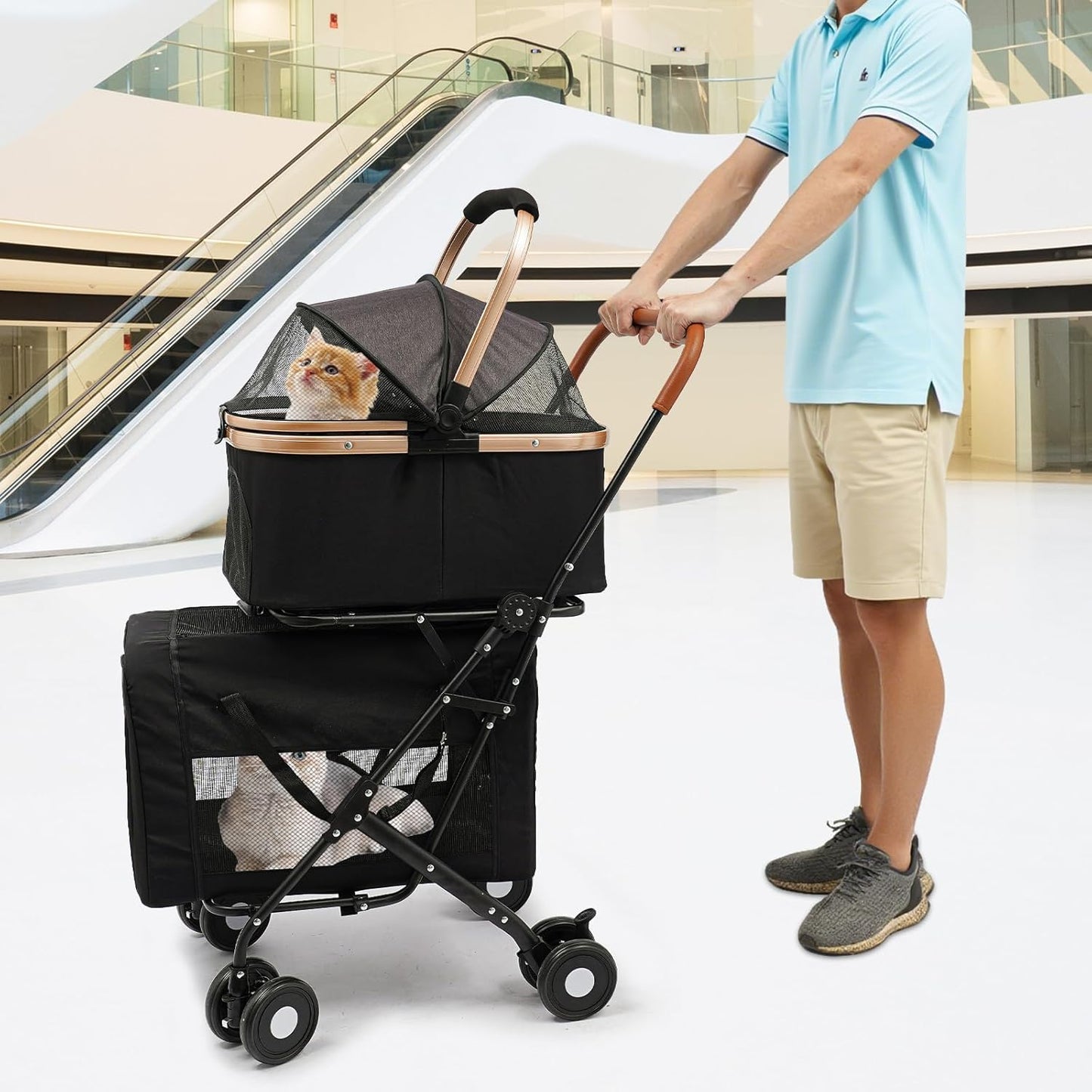 Double Pet Stroller with Detachable Carriers, Large Cat & Dog Stroller with 4 Wheels, Foldable Pet Strollers Small & Medium Dogs Cats 77lbs (Black)