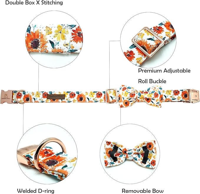 Lionheart glory Dog Collar Bow Collar Floral Dog Collar with Bow Tie Spring Summer Cute Collar Dog Boy or Girl Dog Collars Soft Durable Adjustable Dog Collars for Small Dogs