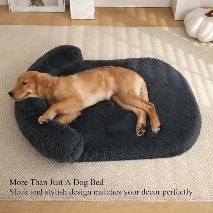 Calming Dog Bed - Fluffy Plush Mat with Removable Washable Cover | Furniture Protector for Large Dogs & Cats(White,47.24X29.53X5.91in)