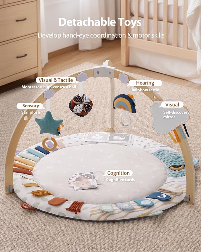 Blissful Diary Baby Play Gym & Activity Mat, 5 Developmental Zones Wooden Tummy Time Mat with 5 Detachable Sensory Toys for Motor Skills & Sensory Development, Baby Essentials Shower Gift