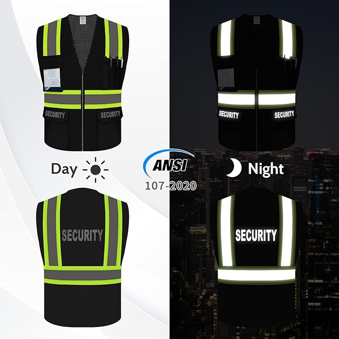 Security Vest for Men Women, High Visibility Vest with Pockets & Zipper, Neon Work Wear with Reflective Strips, ANSI Compliant, Black, 2XL