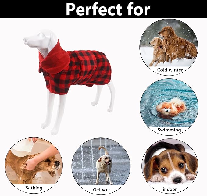 Geyecete Dog Drying Coat - Fast Drying Dog Bath Robe Towel - Microfibre Super Absorbent, Luxuriously Soft Red Black Grid - XXL