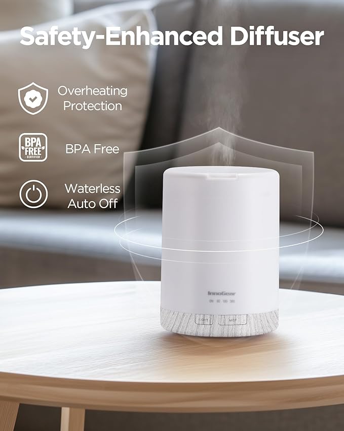 InnoGear 300ML Essential Oil Diffuser, Premium 5-in-1 Ultrasonic Aromatherapy Diffusers Scent Humidifier Aroma Diffuser Vaporizer Auto-Off Timer for Room Office Home, White, Medium