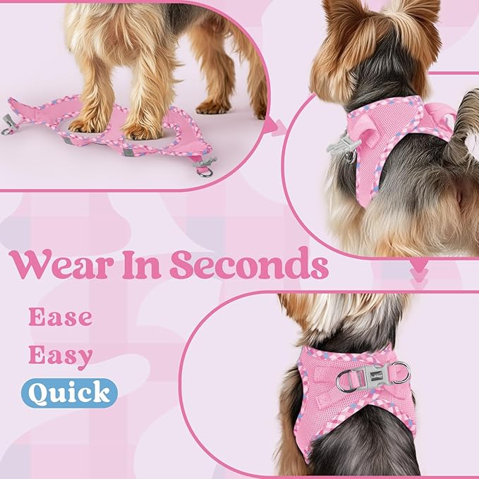 rabbitgoo Small Dog Harness, Step-in Soft Mesh Puppy Vest with Safety Buckle, Breathable Reflective Pet Harness for Small Sized Dogs, Pink & Plaid Trim M