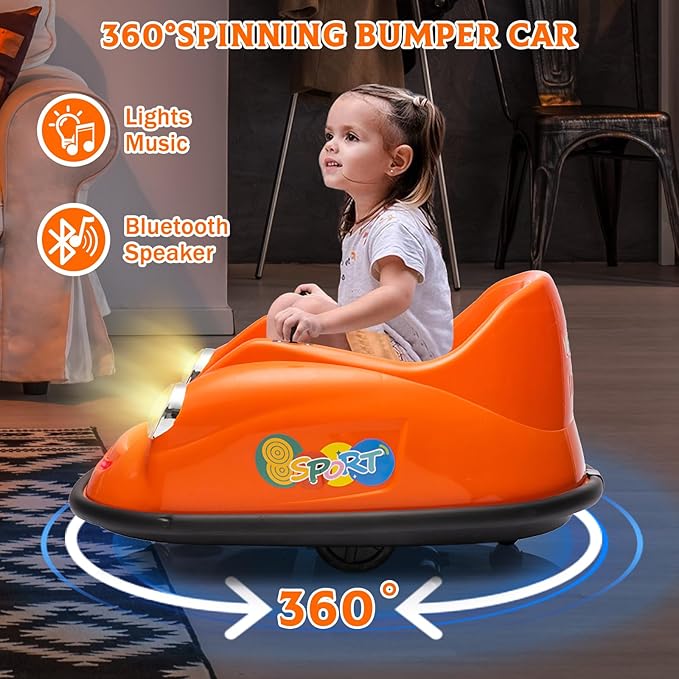 12V Bumper Car for Toddlers, Electric Toy Ride on Battery Car with Kids W/Parent Remote Control, 2-Speed, 360 Degree Spin, Music & LED Lights for Kids, Orange