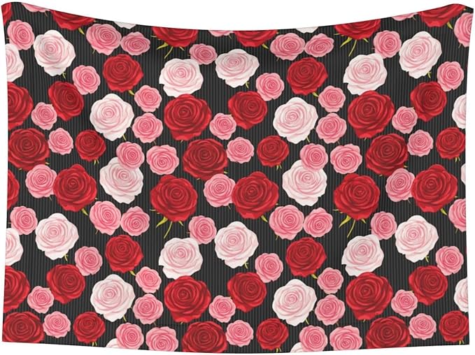 Double Sided Pet Bed Blanket for Added Cushion Warmth, Black White Stripes Red Rose Flowers, Reversible Cover with Textured Dot Surface for Existing Beds Standalone Mat