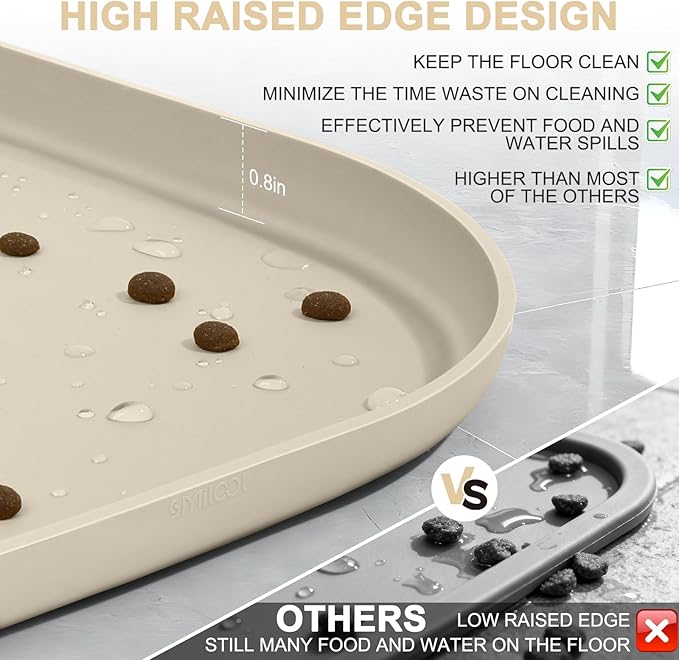 Silicone Pet Food Mat with Raised Edge for Food and Water Bowl, Dog Feeding Mats, Cat Food Trays for Floor Waterproof, Rubber Tray for Dogs and Cats, 24 x 16 x 0.8 Beige