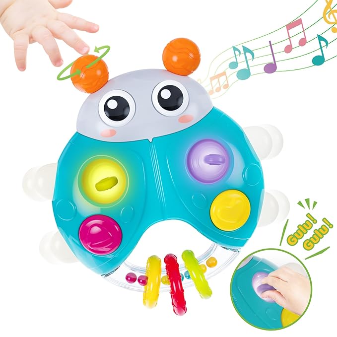 Ladybug Baby Light Up Toys with Rattle Led Light Music, Interactive Educational Fine Motor Development Toy for 3-6-12-18-24 Months Baby Toddler