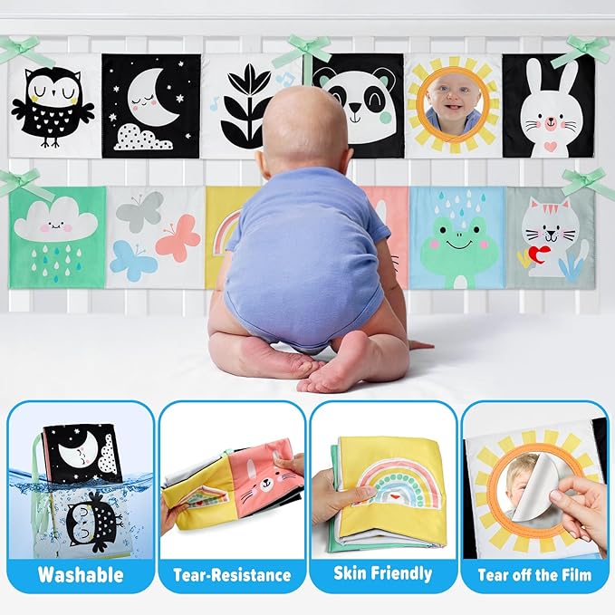 OKOOKO Black and White Baby Book, High Contrast Toy, 0-6 Months Baby Soft Book Tummy Time Montessori Sensory Toy for Stroller Early Education for 0-6 6-12 Months Newborn Infant