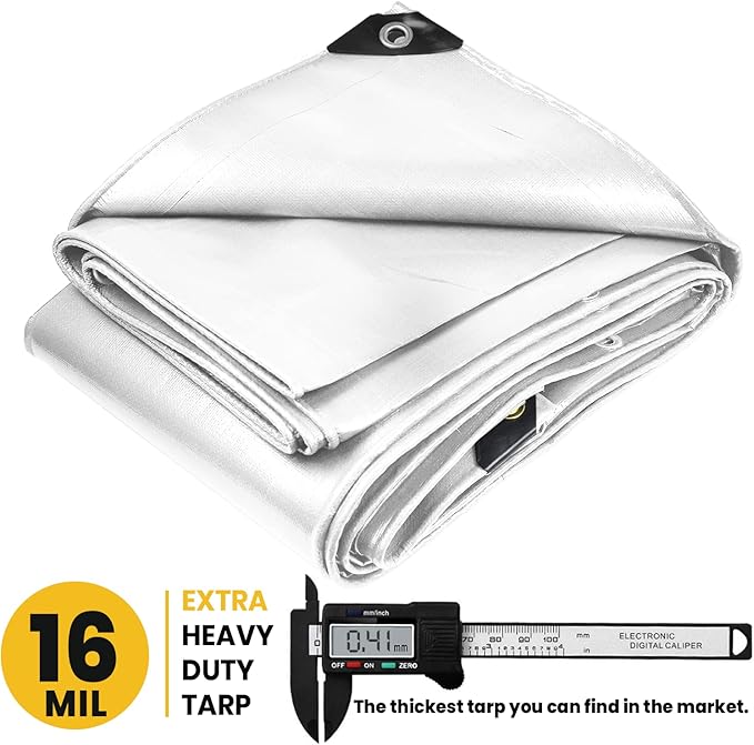 PROTARP Extra Heavy Duty 16 Mil Tarp Cover, Waterproof, UV Resistant, Rip and Tear Proof, Poly Tarpaulin with Reinforced Edges for Roof, Camping, Patio, Pool, Boat. (White 50′ X 100′)