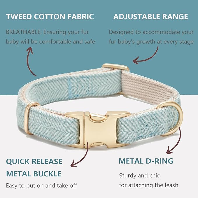 Soft Cotton Hemp Dog Collar with Metal Buckle Adjustable Tweed Dog Collars for Small Medium Large Dogs(Blue,Large)