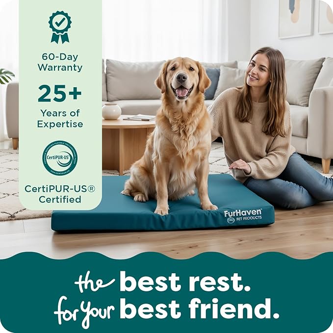 FurHaven Water-Resistant Orthopedic Dog Bed for Large Dogs, Oxford Polycanvas Mattress, Solid Orthopedic Foam Slab for Joint Support, Removable Washable Cover, Jumbo Plus/XXL, Deep Lagoon