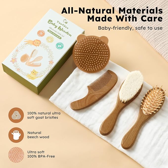 Yoofoss 4 Piece Baby Hair Brush and Comb Set, Wooden Baby Hair Brush with Natural Ultra Soft Goat Hair, Baby Comb Set for Boy, Girl - Walnut