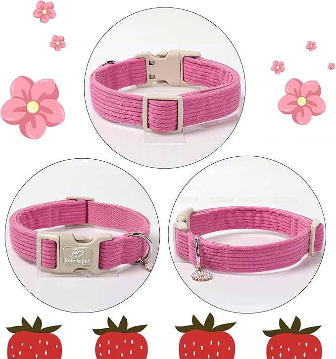 Cute Corduroy Dog Collar - Deep Rose Adjustable Dog Collars for X-Large Dogs 80+lbs, Fade-Proof with Secure Snap & Little Charm, Christmas Birthday Gift, XL