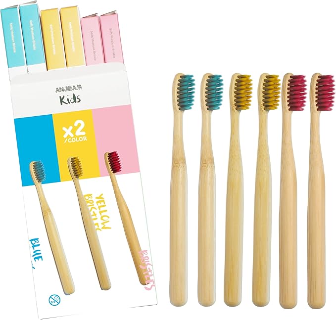 Children Bamboo Toothbrushes for 3 y+ Tots, BPA Free Bristles, Medium Soft, 6 PCS Bamboo Toothbrush for Dental Hygiene, Compostable and Sustainable, Classic Rounded Handle for Easy Grip