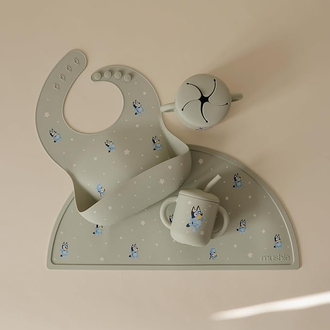 mushie x Bluey Silicone Baby Bib | Adjustable Fit Waterproof Bibs (Bluey Sage)