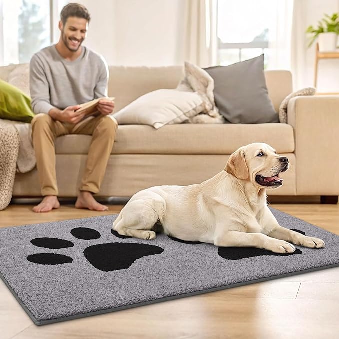 Buganda Dog Door Mat for Muddy Paws, Absorbent Dirt Trapper Washable Indoor Doormats, Non Slip Low-Profile Mud Mat for Dogs, Front Entrance Doormat for Inside Floor (47x24 Inches, Grey)