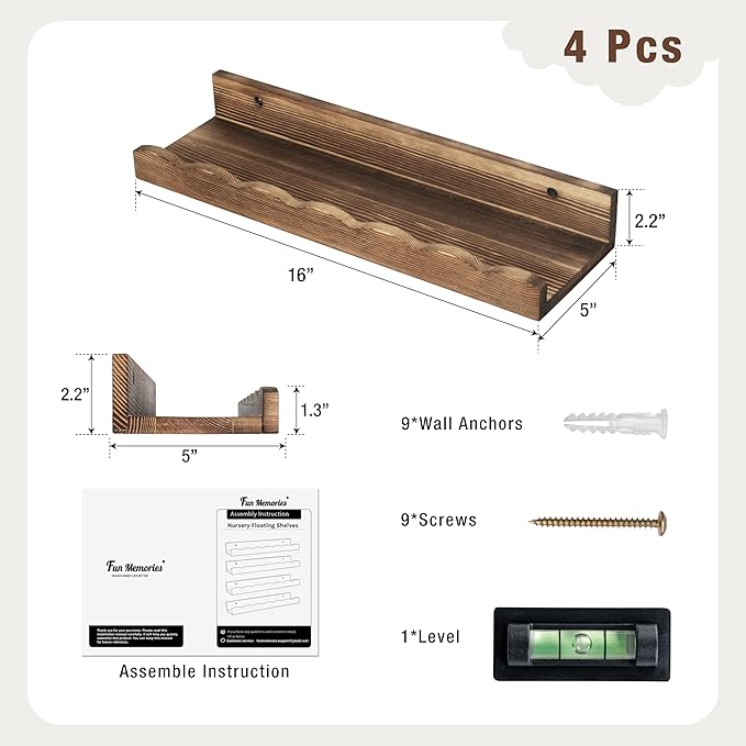 Fun Memories Picture Ledge Shelf for Wall, 16 inch Pine Wood Nursery Book Shelves Set of 4- Wall Book Shelves for Kids Room, Home Decor - Kitchen Spice-Carbonized