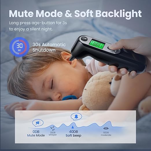 Ear Thermometer for Kids, Babies and Adults, 1 Second Accurate Digital Thermometer, Mute Function, 3-Color Fever Alert, 3 Age Groups, 30 Memory Recall with 20x Probe Covers (Dark Black)