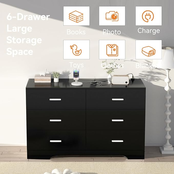 Dresser with Power Outlets Wooden 6 Drawer Dresser with USB and Type C Port Chest of Drawers for Bedroom Tall Black Organizer Storage for Living Room Hallway Closet