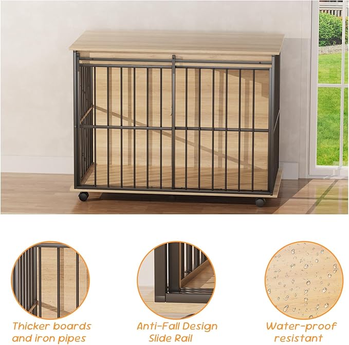 43.3" Dog Crate Furniture, Dog Kennel Indoor with Wheels for Large Medium Small Dogs, Wooden Dog Crate End Table with Sliding Door, Wooden Dog Kennel Furniture for Living Room, Bedroom
