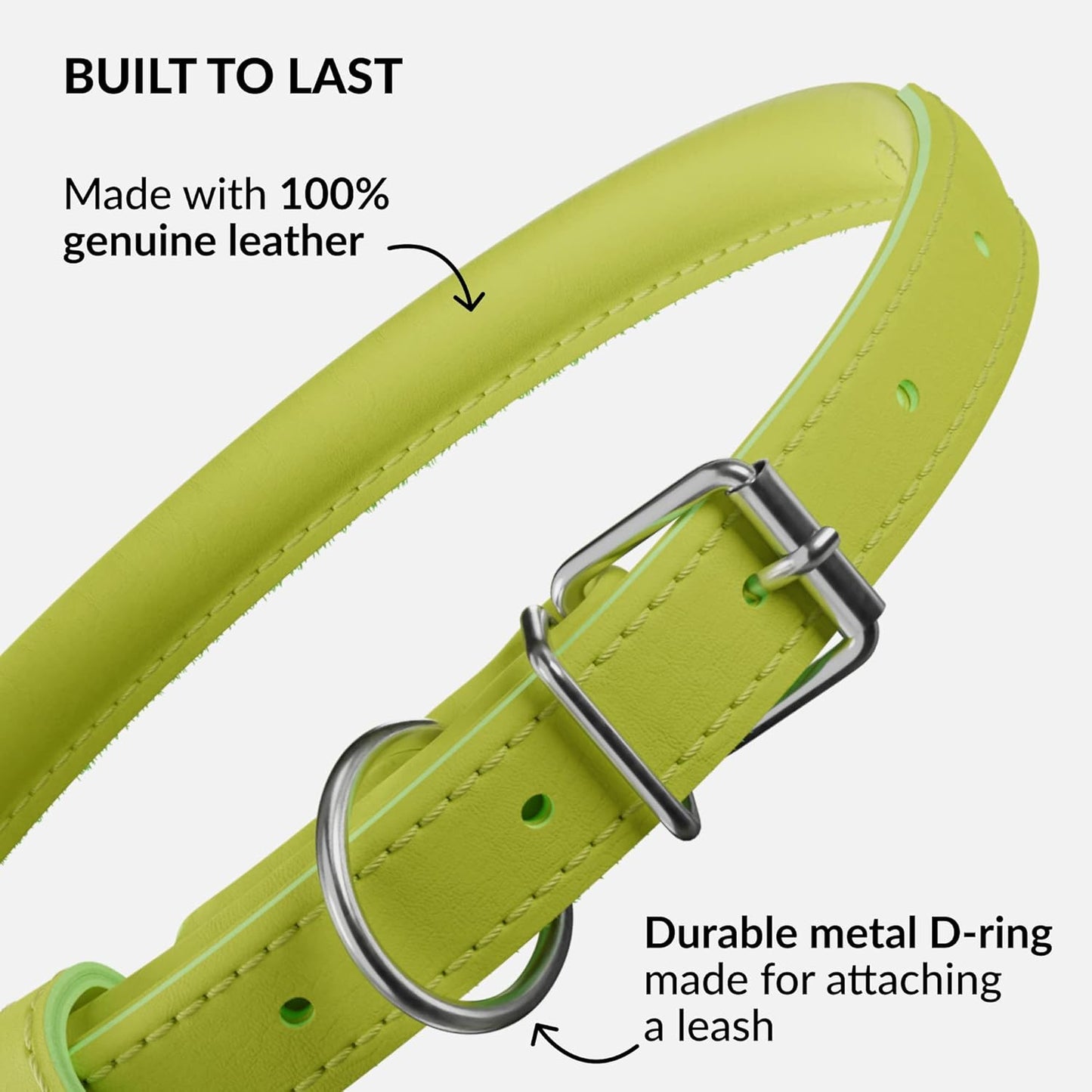 CollarDirect Rolled Leather Dog Collar, Soft Padded Round Puppy Collar, Handmade Genuine Leather Collar Dog Small Large Cat Collars 13 Colors (15-19 Inch, Lime Green Smooth)