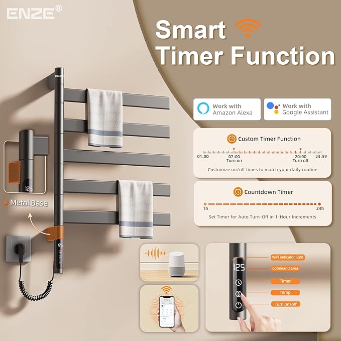 ENZE Smart Rotating Heated Towel Rack for Bathroom, Wall-Mounted Electric Towel Dryer with Swivel Bars, Smart Timer, Low Carbon Steel, IPX5, Plug-in/Hardwired, Towel Warmer with Wi-Fi App Control
