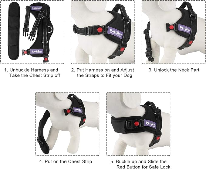 PetLove Dog Harness, Adjustable Soft Leash Padded No Pull Dog Harness for Small Medium Large Dogs, Black