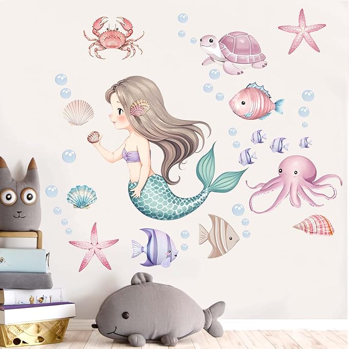 Mermaid Wall Stickers for Girls Bedroom: Peel and Stick Under The Sea Turtle Marine Ocean Fish Starfish Shell Wall Decals - Baby Nursery Girl Room Toddler Room - Kids Supplies Ages 1-12 Year