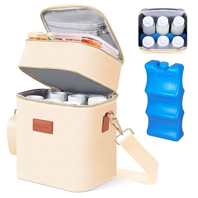 PIIOSER Breastmilk Cooler Bag with Ice Pack Fits 6 Baby Bottles Up to 9 Ounce, Insulated Baby Bottle Tote Bags, Double Layer Waterproof Leak-Proof with Shoulder Strap for Nursing & Working Mom (Cream)