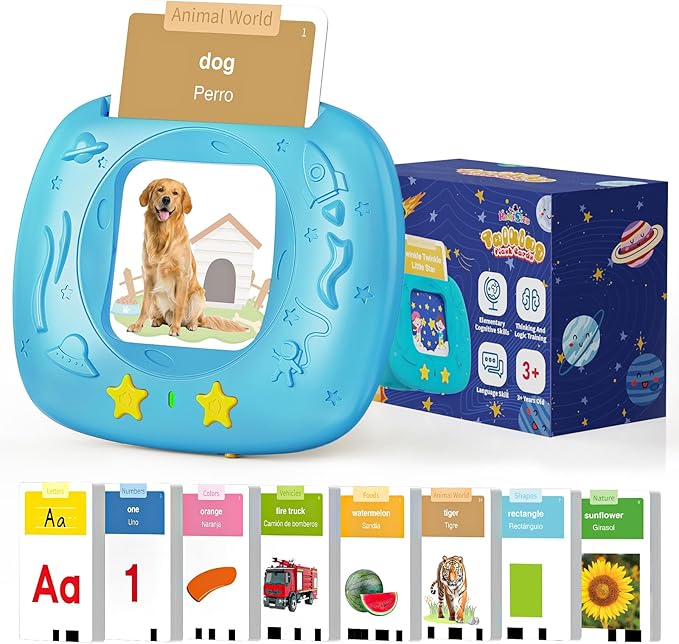 Toddlers Bilingual Spanish & English Talking Flash Cards with 288 Sight Words, Speech Therapy Toys for 3 4 5 6 Years Old Boys and Girls, Learning Educational Kids Gifts (Blue)