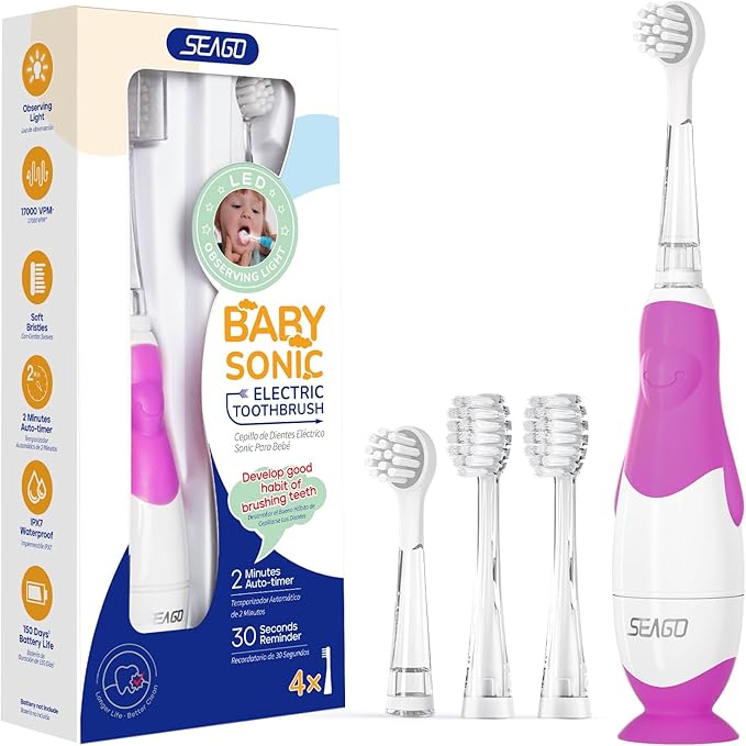 SEAGO Toddler Electric Toothbrushes for Baby Ages 0-3 Years, Baby Toothbrush with Smart Timer and Suction Base, 4 Replacement Brush Heads SG-513(Purple-C)