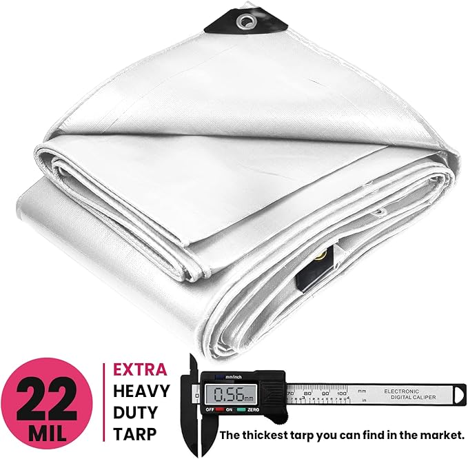 PROTARP Extreme Heavy Duty 22 Mil Tarp Cover, Waterproof, UV Resistant, Rip and Tear Proof, Poly Tarpaulin with Reinforced Edges for Roof, Camping, Patio, Pool, Boat. (White 40′ X 40′)