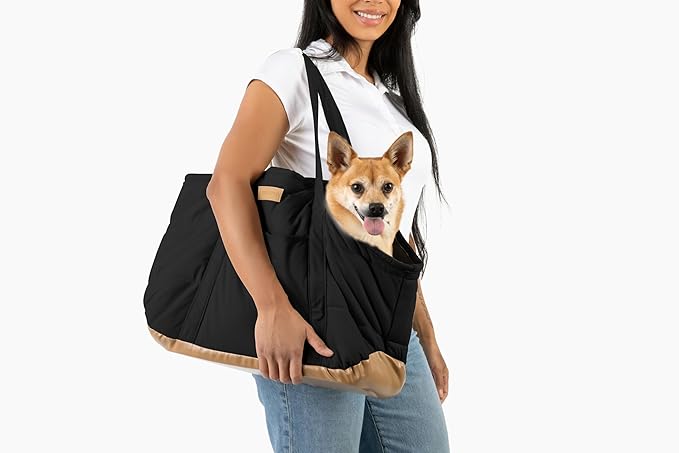Plush Dog Purse Carrier for Small Dogs, Soft Dog Tote Bag with Safety Harness Clip, Cozy Pet Carrier for Dogs Under 15 lbs, Comfortable Dog Shoulder Carrier for Travel, Black