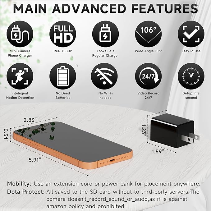 JEVDES USB Charger Hidden Camera, 1080P HD Local Recording for Home Surveillance, Nanny Cam with 32GB SD Card, Discreet Charger Design