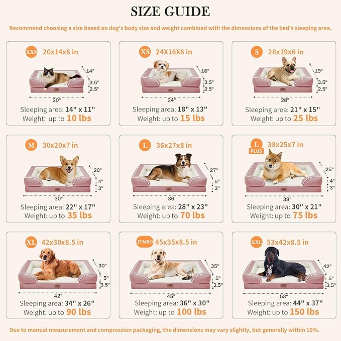 Comfort Expression Orthopedic Dog Bed for Large Dogs 36x27 Inch, Waterproof Supportive Egg Crate Foam Large Pet Bed with Removable Bolsters, Dog Couch with Washable Cover & Non-Slip Bottom, Pink