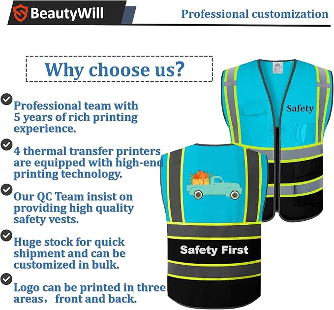 BeautyWill Custom Safety Vest Customized Logo Mesh Vest Class2 High Visibility Reflective Vest with Pockets Workwear（LightBlue Black，S ）